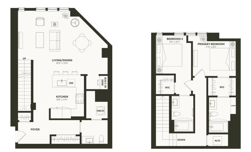 TH-2 - 2 bedroom floorplan layout with 2.5 bathrooms and 1490 square feet