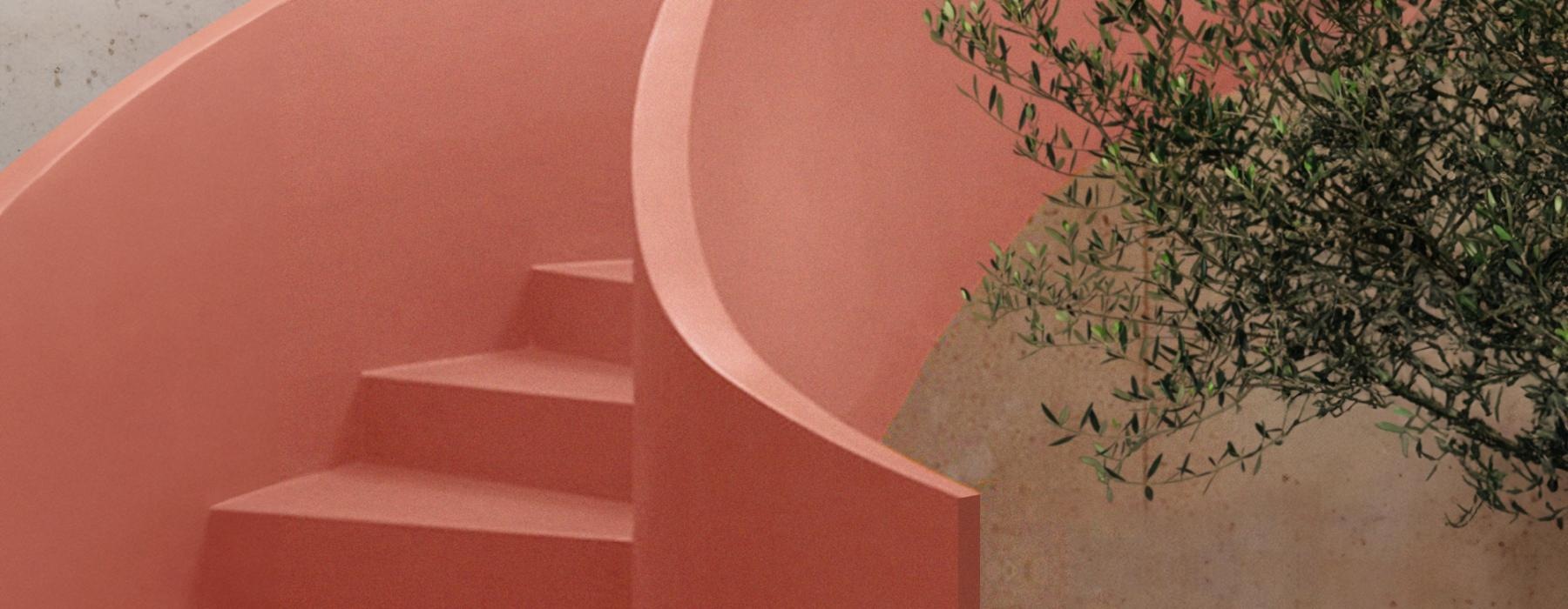 a pink wall with a plant growing on it